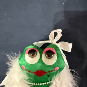 Plush Green Frog Doll with White Feather Boa and Ribbon New in Package Circa1983